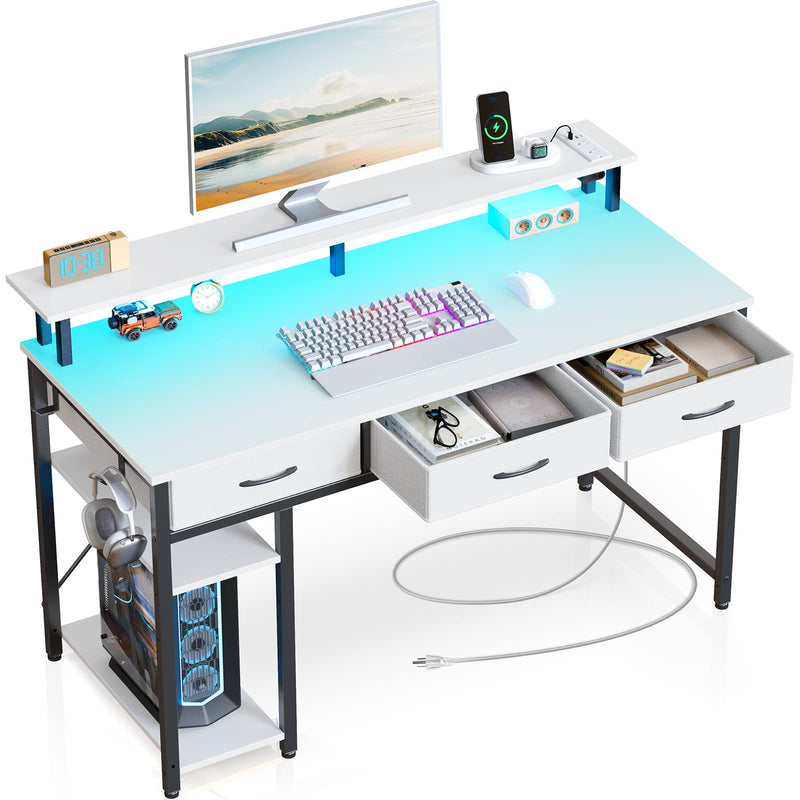 Rolanstar Computer Desk with Power Outlets & LED Light 47 inch White