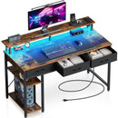 Rolanstar Computer Desk with Power Outlets & LED Light 47 inch Rustic Brown