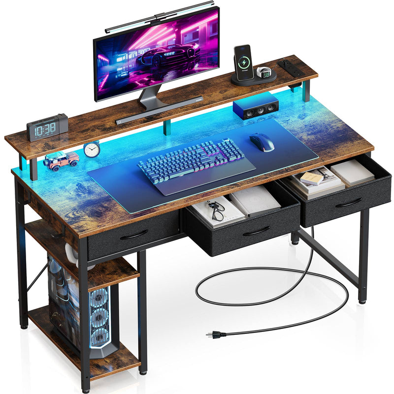 Rolanstar Computer Desk with Power Outlets & LED Light 55 inch Rustic Brown