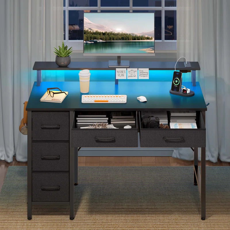Rolanstar Computer Desk with Monitor Stand & Charging Station, Gaming Desk with LED Lights & Drawers