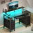 Computer Desk with 4 Drawers and Monitor Shelf, Gaming Desk with LED Lights & Power Outlets