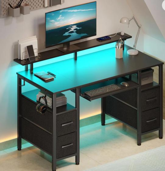 Computer Desk with 4 Drawers and Monitor Shelf, Gaming Desk with LED Lights & Power Outlets