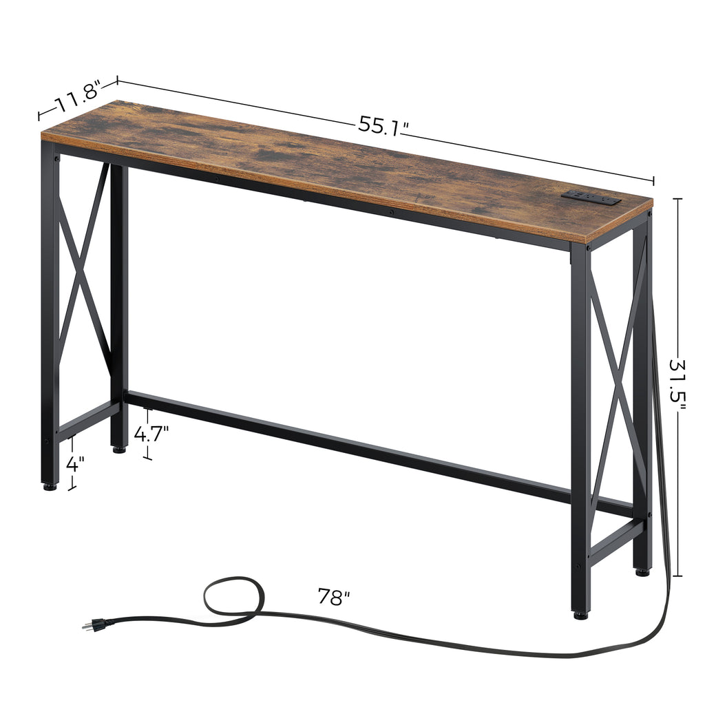 Rolanstar Console Table with Power Outlet, Narrow Sofa Table, 55.1