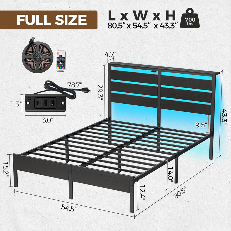 Rolanstar Bed Frame Full Size with USB Charging Station, LED Bed Frame with Wood Storage Headboard, Black Metal Platform Bed with Under Bed Storage, No Box Spring Needed, Noise Free