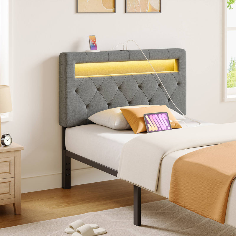 Rolanstar Headboard Only - Wall Mount Upholstered Head Board with LED Lights, Charging Station & Soft Padding