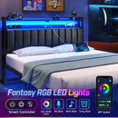 Rolanstar Headboard for Full Size Bed with Storage, 60,000 DIY Color of LED Light, Head Board with USB & Type C Port, Height Adjustable, Black Upholstered Cabeceras de Cama Comfortable Modern, Leather