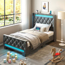 Rolanstar Bed Frame with LED Light and Charging Station, Upholstered High Headboard and Footboard, Wood Slats, Noise Free, Easy Assembly