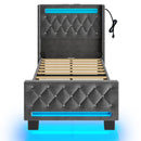 Rolanstar Bed Frame with LED Light and Charging Station, Upholstered High Headboard and Footboard, Wood Slats, Noise Free, Easy Assembly