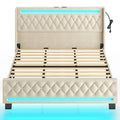 Rolanstar Bed Frame with LED Light and Charging Station, Upholstered High Headboard and Footboard, Wood Slats, Noise Free, Easy Assembly