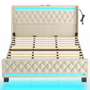 Rolanstar Bed Frame with LED Light and Charging Station, Upholstered High Headboard and Footboard, Wood Slats, Noise Free, Easy Assembly