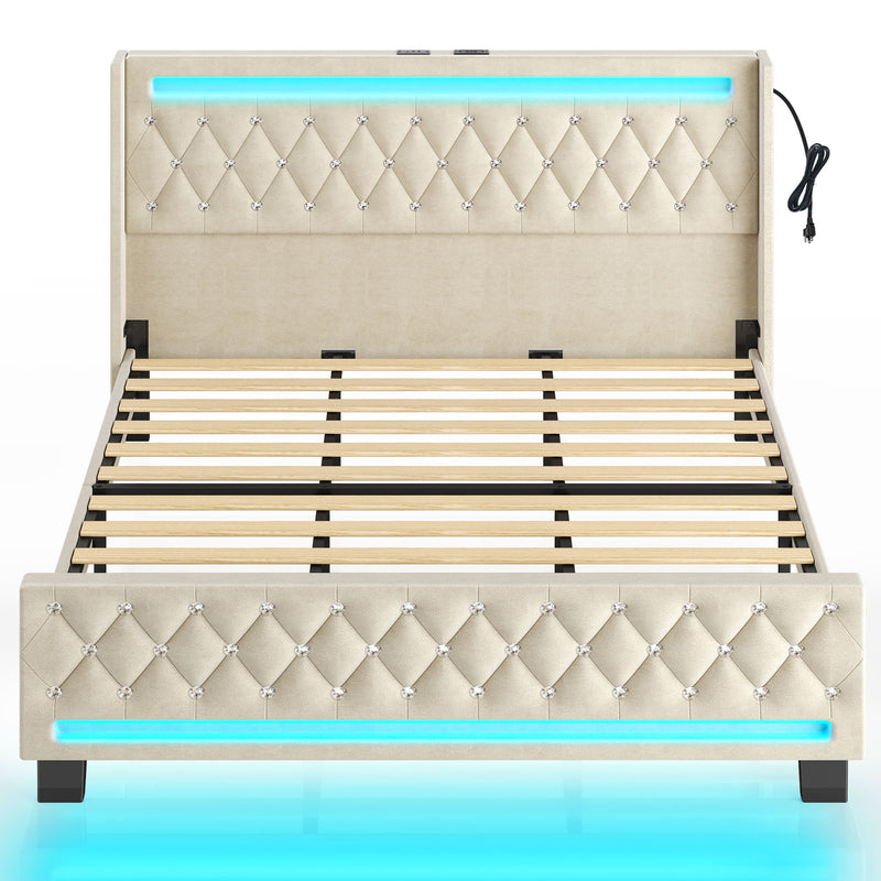 Rolanstar Bed Frame with LED Light and Charging Station, Upholstered High Headboard and Footboard, Wood Slats, Noise Free, Easy Assembly