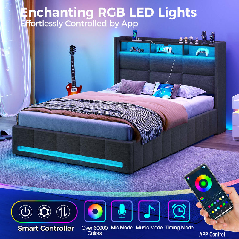 Rolanstar Bed Frame Twin Size with Lift Up Storage, Charging Station & LED Lights, Upholstered Storage Headboard, Heavy Duty Wooden Slats, No Box Spring Needed, Noise Free, Easy Assembly, Dark Grey