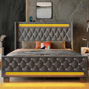 Rolanstar Bed Frame with LED Light and Charging Station, Upholstered High Headboard and Footboard, Wood Slats, Noise Free, Easy Assembly