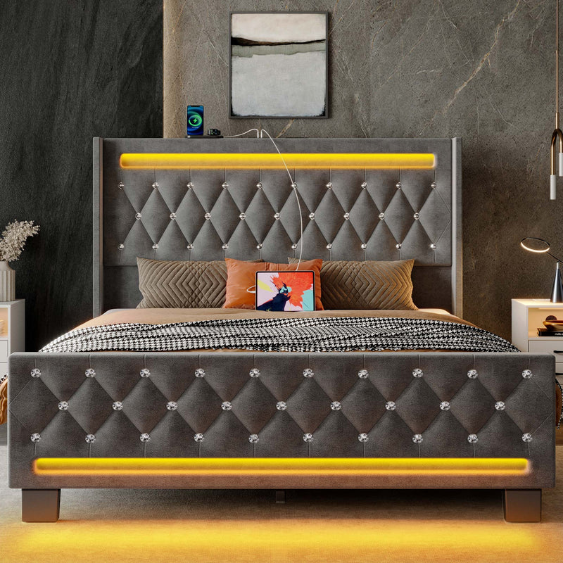Rolanstar Bed Frame with LED Light and Charging Station, Upholstered High Headboard and Footboard, Wood Slats, Noise Free, Easy Assembly