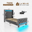 Rolanstar Bed Frame with LED Light and Charging Station, Upholstered High Headboard and Footboard, Wood Slats, Noise Free, Easy Assembly