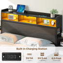 Rolanstar Bed Frame with Bookcase Storage Headboard, Slide Out Bedside Storage, Bed with Charging Station & LED Lights, Heavy Duty Metal Slats, No Box Spring Needed, Noise Free