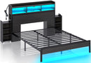 Rolanstar Bed Frame with Bookcase Storage Headboard, Slide Out Bedside Storage, Bed with Charging Station & LED Lights, Heavy Duty Metal Slats, No Box Spring Needed, Noise Free