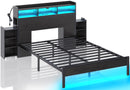 Rolanstar Bed Frame with Bookcase Storage Headboard, Slide Out Bedside Storage, Bed with Charging Station & LED Lights, Heavy Duty Metal Slats, No Box Spring Needed, Noise Free
