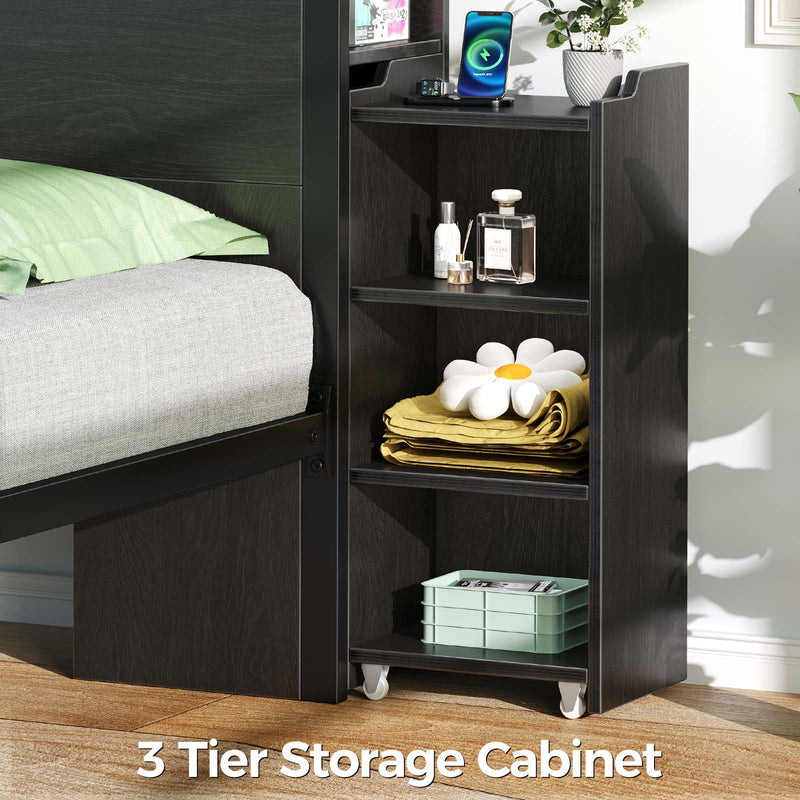 Rolanstar Bed Frame with Bookcase Storage Headboard, Slide Out Bedside Storage, Bed with Charging Station & LED Lights, Heavy Duty Metal Slats, No Box Spring Needed, Noise Free