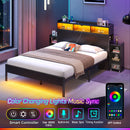 Rolanstar Bed Frame with Bookcase Storage Headboard, Slide Out Bedside Storage, Bed with Charging Station & LED Lights, Heavy Duty Metal Slats, No Box Spring Needed, Noise Free