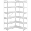 Rolanstar Bookshelf 6 Tier with 4 Hooks, Reversible Corner Bookshelf, 69" Industrial Wooden Bookcase with Open Shelves and Metal Frame for Living Room, Bedroom, Home Office, White