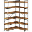 Rolanstar Bookshelf 6 Tier with 4 Hooks, Reversible Corner Bookshelf, 69" Industrial Wooden Bookcase with Open Shelves and Metal Frame for Living Room, Bedroom, Home Office, Rustic Brown