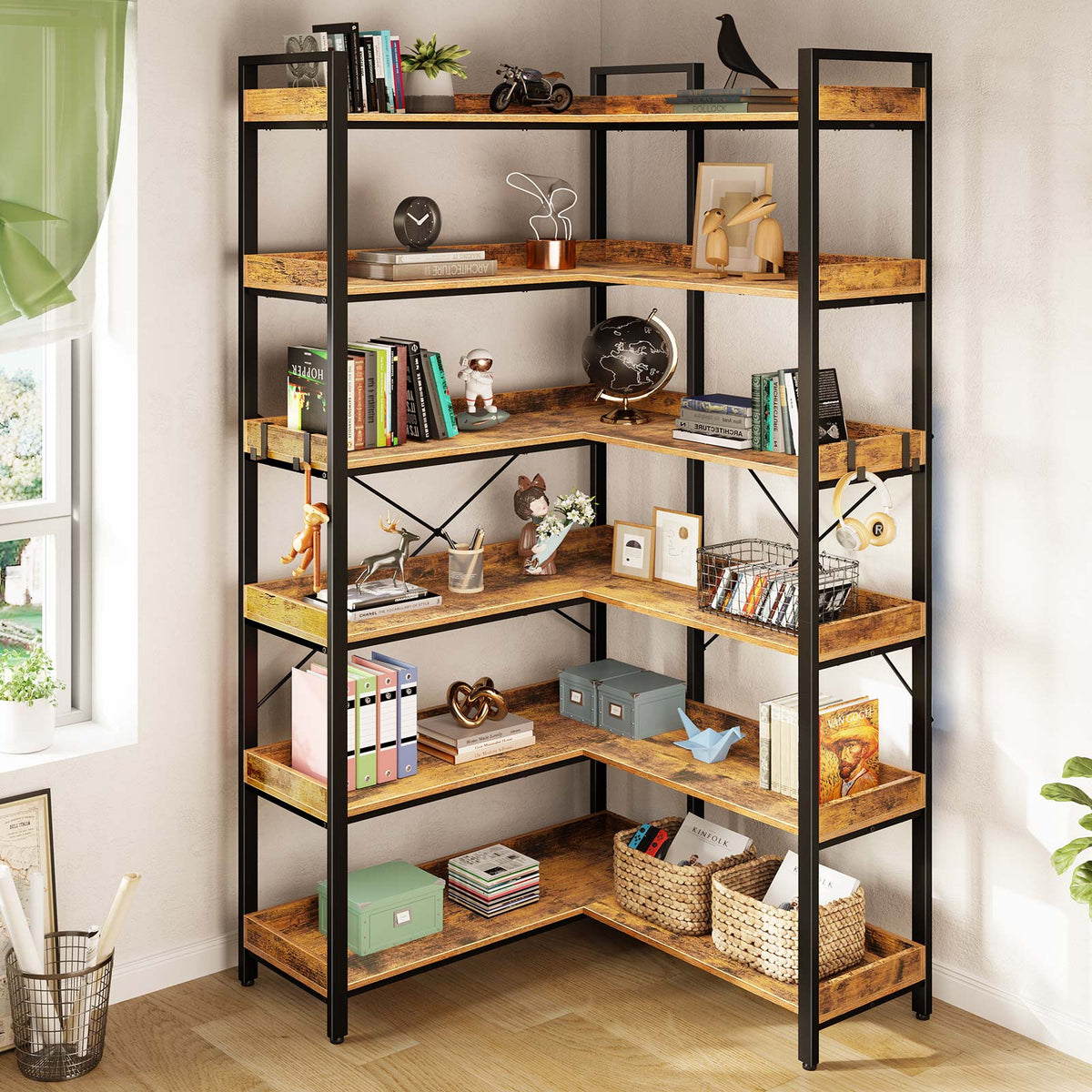 Rolanstar Bookshelf 6 Tier with 4 Hooks, Reversible Corner Bookshelf,