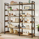 Rolanstar Bookshelf 6 Tier with 4 Hooks, Reversible Corner Bookshelf, 69" Industrial Wooden Bookcase with Open Shelves and Metal Frame for Living Room, Bedroom, Home Office, Rustic Brown