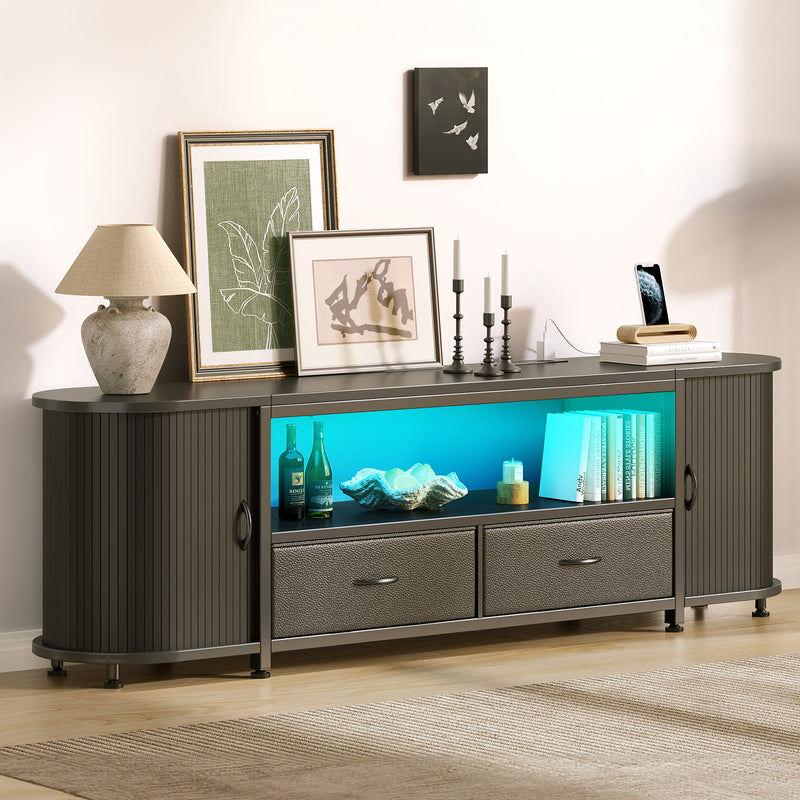 Rolanstar TV Stand for 55 60 inch TV, Entertainment Center with Power Outlet and LED, 2 Fabric Drawers TV Console with 2 Cabinet, Open Shelf, Sliding Door, Media Console for Bedroom/Living Room