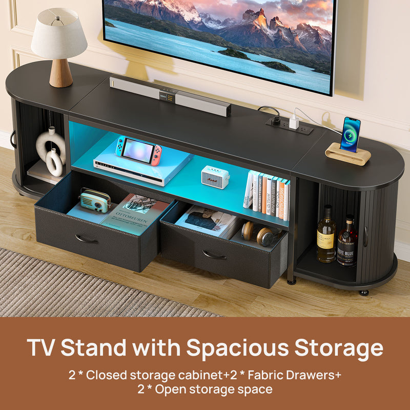 Rolanstar TV Stand for 55 60 inch TV, Entertainment Center with Power Outlet and LED, 2 Fabric Drawers TV Console with 2 Cabinet, Open Shelf, Sliding Door, Media Console for Bedroom/Living Room