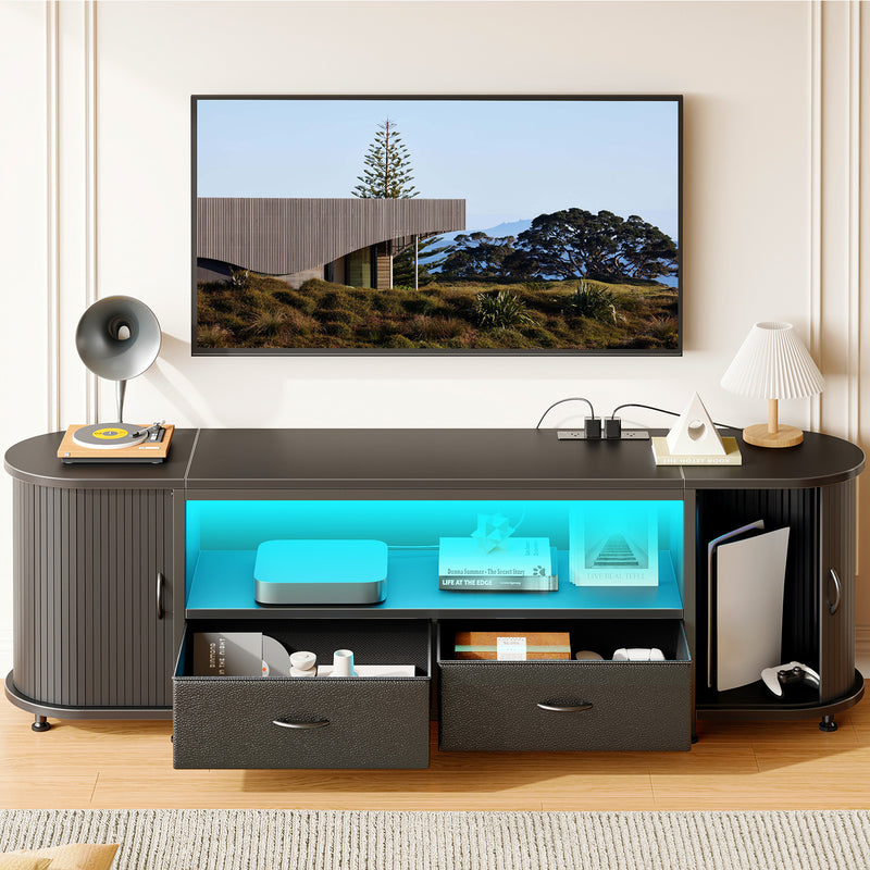 Rolanstar TV Stand for 55 60 inch TV, Entertainment Center with Power Outlet and LED, 2 Fabric Drawers TV Console with 2 Cabinet, Open Shelf, Sliding Door, Media Console for Bedroom/Living Room