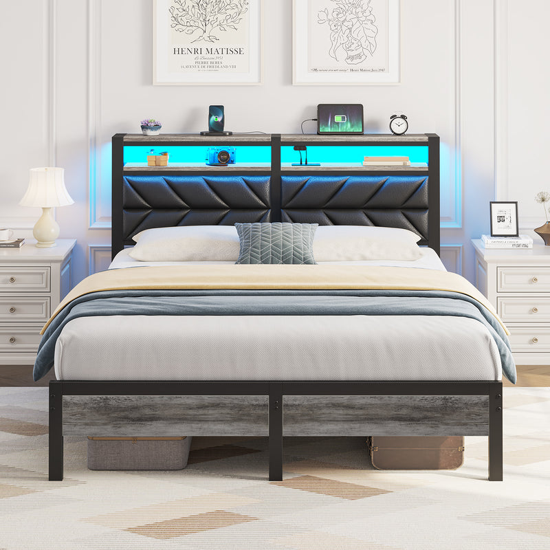 Seventable Bed Frame Full Size with Charging Station, LED Bed with Upholstered Storage Headboard, Metal Platform Bed with Under Bed Storage, No Box Spring Needed, Noise Free, Easy Assembly, Black
