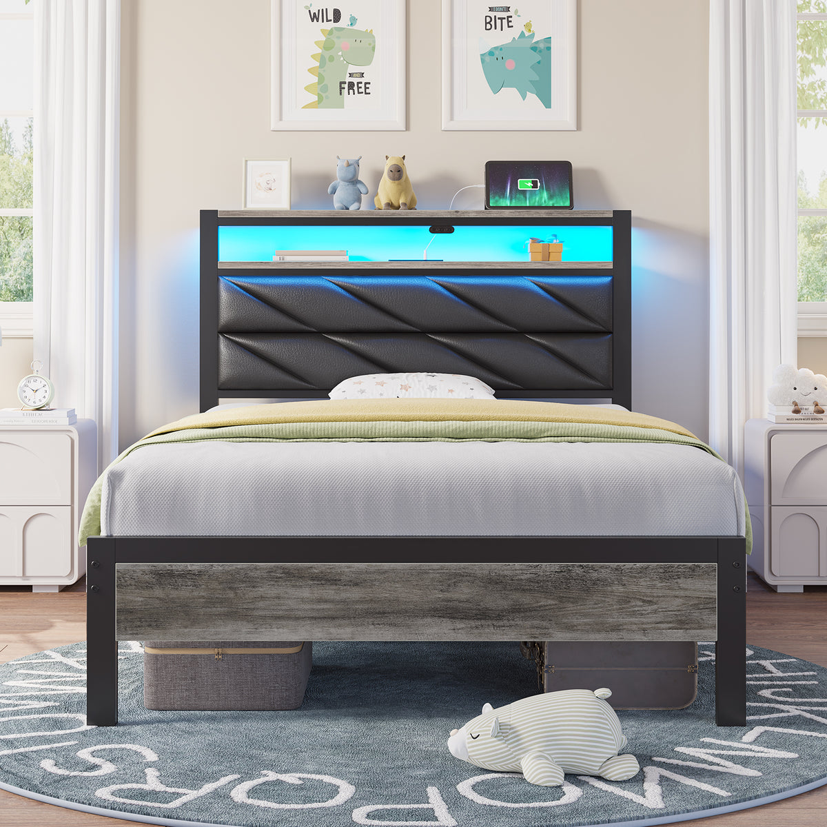 Seventable Bed Frame Twin Size with Charging Station, LED Bed with Uph