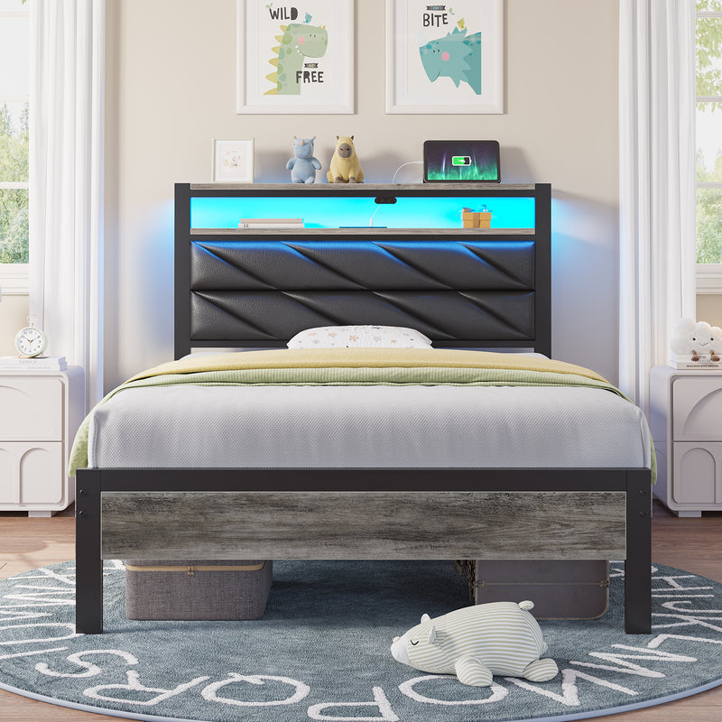Seventable Bed Frame Twin Size with Charging Station, LED Bed with Upholstered Storage Headboard, Metal Platform Bed with Under Bed Storage, No Box Spring Needed, Noise Free, Easy Assembly, Grey