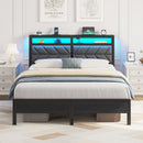 Seventable Bed Frame Full Size with Charging Station, LED Bed with Upholstered Storage Headboard, Metal Platform Bed with Under Bed Storage, No Box Spring Needed, Noise Free, Easy Assembly, Grey