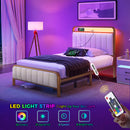 Rolanstar Bed Frame with Charging Station and LED Lights, Upholstered Velvet Bed with Headboard Footboard