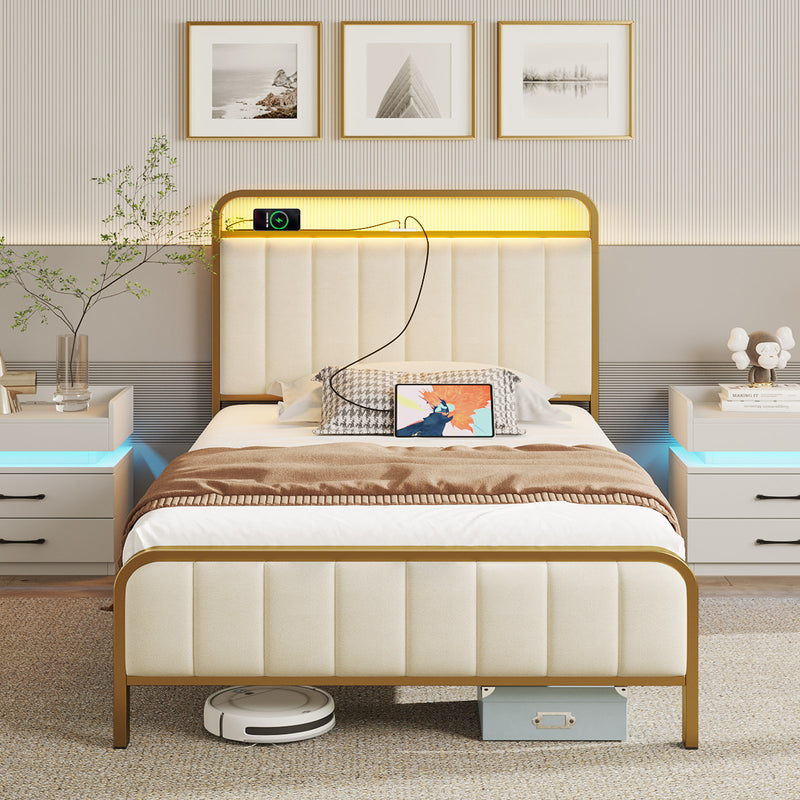 Rolanstar Bed Frame with Charging Station and LED Lights, Upholstered Velvet Bed with Headboard Footboard, Golden Color