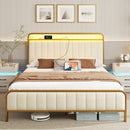 Rolanstar Bed Frame with Charging Station and LED Lights, Upholstered Velvet Bed with Headboard Footboard