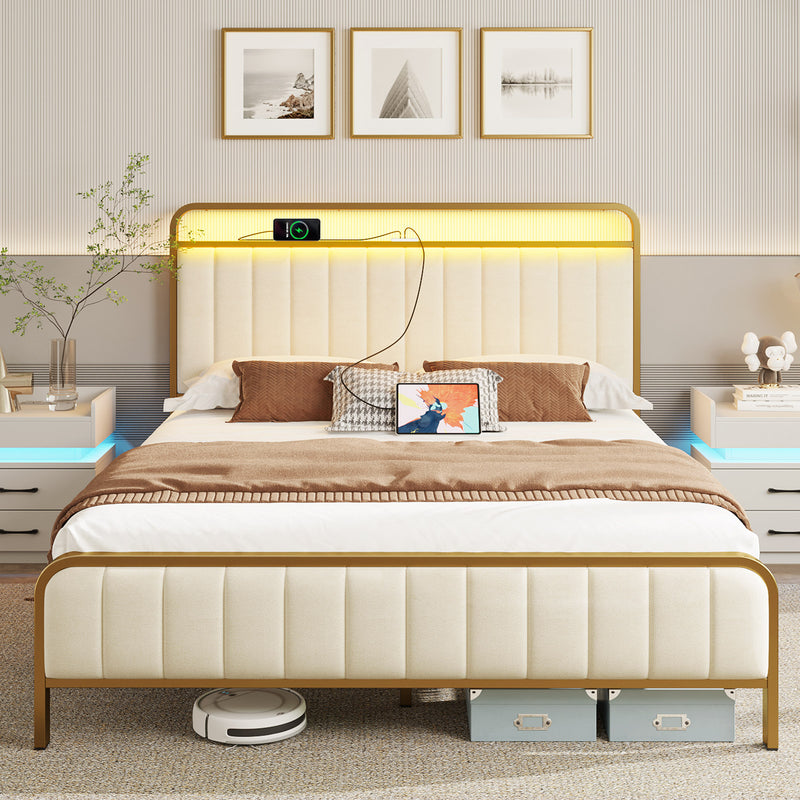 Rolanstar Bed Frame with Charging Station and LED Lights, Upholstered Velvet Bed with Headboard Footboard, Golden Color