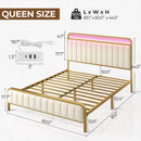 Rolanstar Bed Frame with Charging Station and LED Lights, Upholstered Velvet Bed with Headboard Footboard