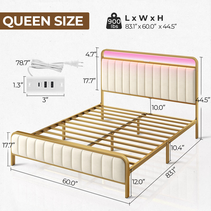 Rolanstar Bed Frame with Charging Station and LED Lights, Upholstered Velvet Bed with Headboard Footboard, Golden Color