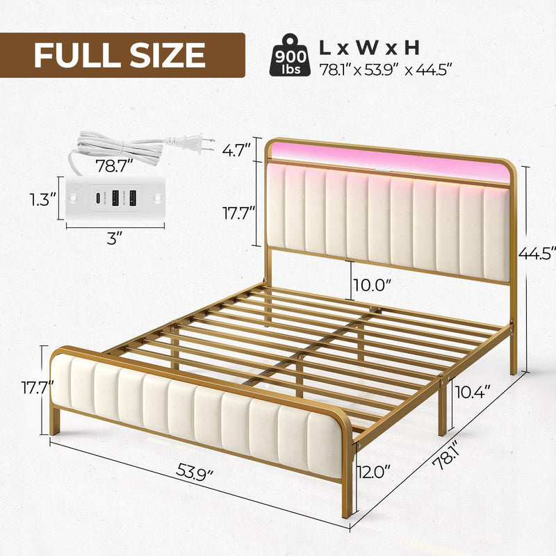 Rolanstar Bed Frame with Charging Station and LED Lights, Upholstered Velvet Bed with Headboard Footboard, Golden Color