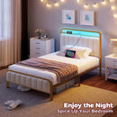 Rolanstar Bed Frame with Charging Station and LED Lights, Upholstered Velvet Bed with Headboard Footboard