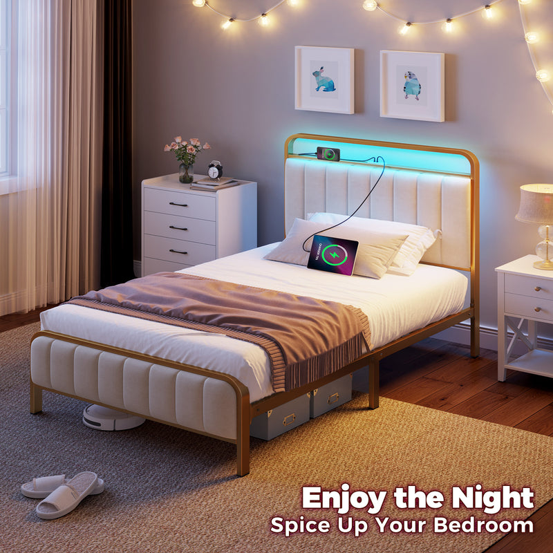Rolanstar Bed Frame with Charging Station and LED Lights, Upholstered Velvet Bed with Headboard Footboard, Golden Color