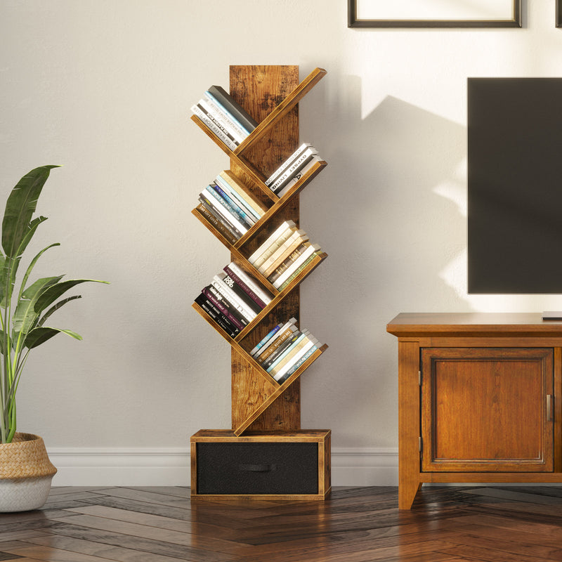 Rolanstar Bookshelf with Drawer, 7 Shelf Tree Bookshelf, Wooden Bookshelves Storage Rack for CDs/Movies/Books, Rustic Brown Bookcase, Utility Organizer Shelves for Living Room, Bedroom