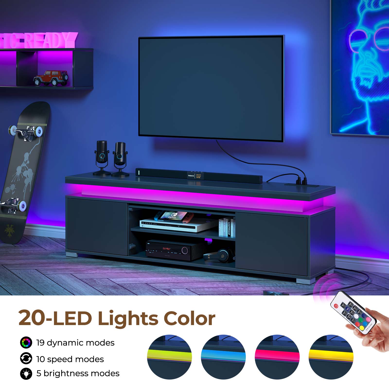 Rolanstar TV Stand with LED Lights & Power Outlet and Storage