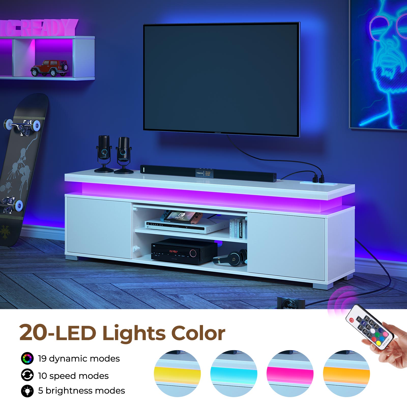 Rolanstar TV Stand with LED Lights & Power Outlet and Storage