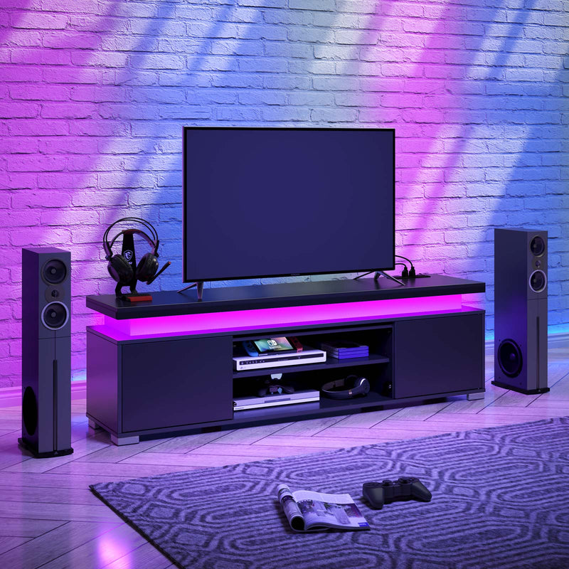 Rolanstar TV Stand with Power Outlet & LED Lights, Modern Entertainment Center for 32/43/50/55/65 Inchs TVs, TV Table, Universal Gaming LED TV Media Stand with Large Storage Cabinet
