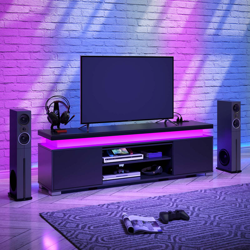 Rolanstar TV Stand with LED Lights & Power Outlet and Storage Cabinet for TVs up to 65", Black