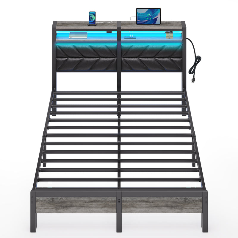 Seventable Bed Frame Full Size with Charging Station, LED Bed with Upholstered Storage Headboard, Metal Platform Bed with Under Bed Storage, No Box Spring Needed, Noise Free, Easy Assembly, Black